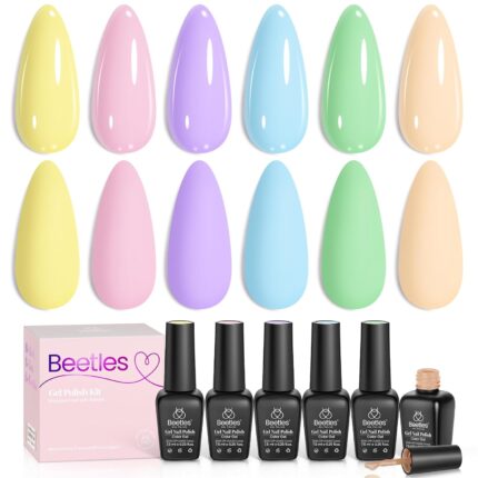 Beetles Pastel Gel Nail Polish - 6 Colors Macaron Pastel Bright Gel Polish Set Yellow Pink Blue Trendy Colors Summer Nails Set, Soft Nails Design for DIY Nail Art Soak Off UV Gel Manicure