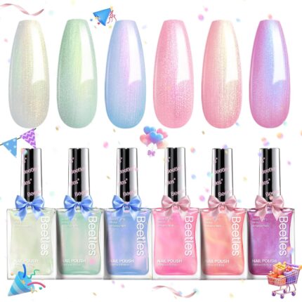 Beetles Pearl Nail Polish Set Mermaid Glow, 6 Colors Shimmer Pearl Pink Purple Quick Dry Nail Polish Long Lasting DIY Manicure Gift for Girls Women Nail Strengthener Polish