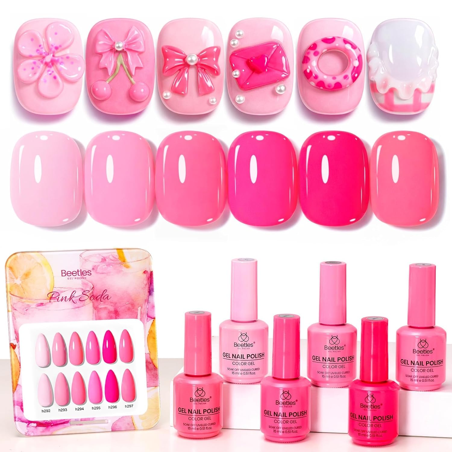 Beetles Summer Pink Gel Polish Set: 6 Colors, Long-Lasting Beetles Pink Gel Polish Set - Pink Soda with Color Card, 6 Colors Summer Gel Nail Polish Set 15ML/0.51FlOz, Same Color Bottle Professional Manicure Salon, Long-Lasting Soak Off UV LED Summer Nails