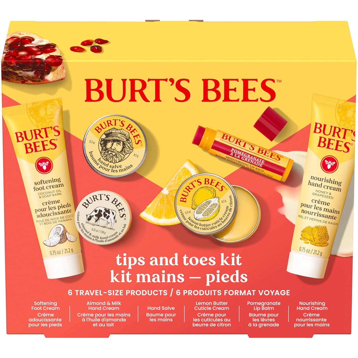 Burt's Bees Travel Kit: Must-Have Gift Ideas and Tips Burt's Bees Gifts Ideas, Tips and Toes Kit, 6 Travel Size Products - Pomegranate Moisturizing Lip Balm, 2 Hand Creams, Foot Cream, Cuticle Cream, and Hand Salve