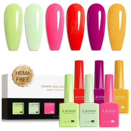 CANNI 9ml Gel Nail Polish Set, 6 Bright Colors HEMA-Free Green Pink Red Purple Yellow, Long-Lasting Manicure Kit for Salon & DIY Use