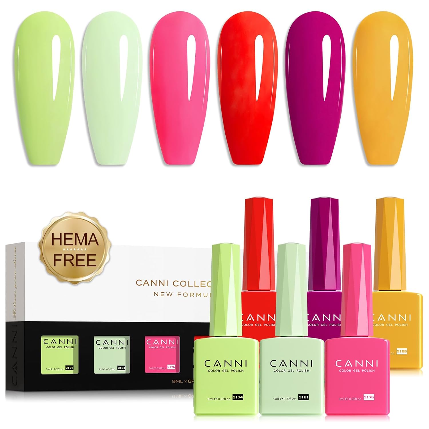 CANNI 9ml HEMA-Free Gel Nail Polish Set: 6 Bright Colors CANNI 9ml Gel Nail Polish Set, 6 Bright Colors HEMA-Free Green Pink Red Purple Yellow, Long-Lasting Manicure Kit for Salon & DIY Use