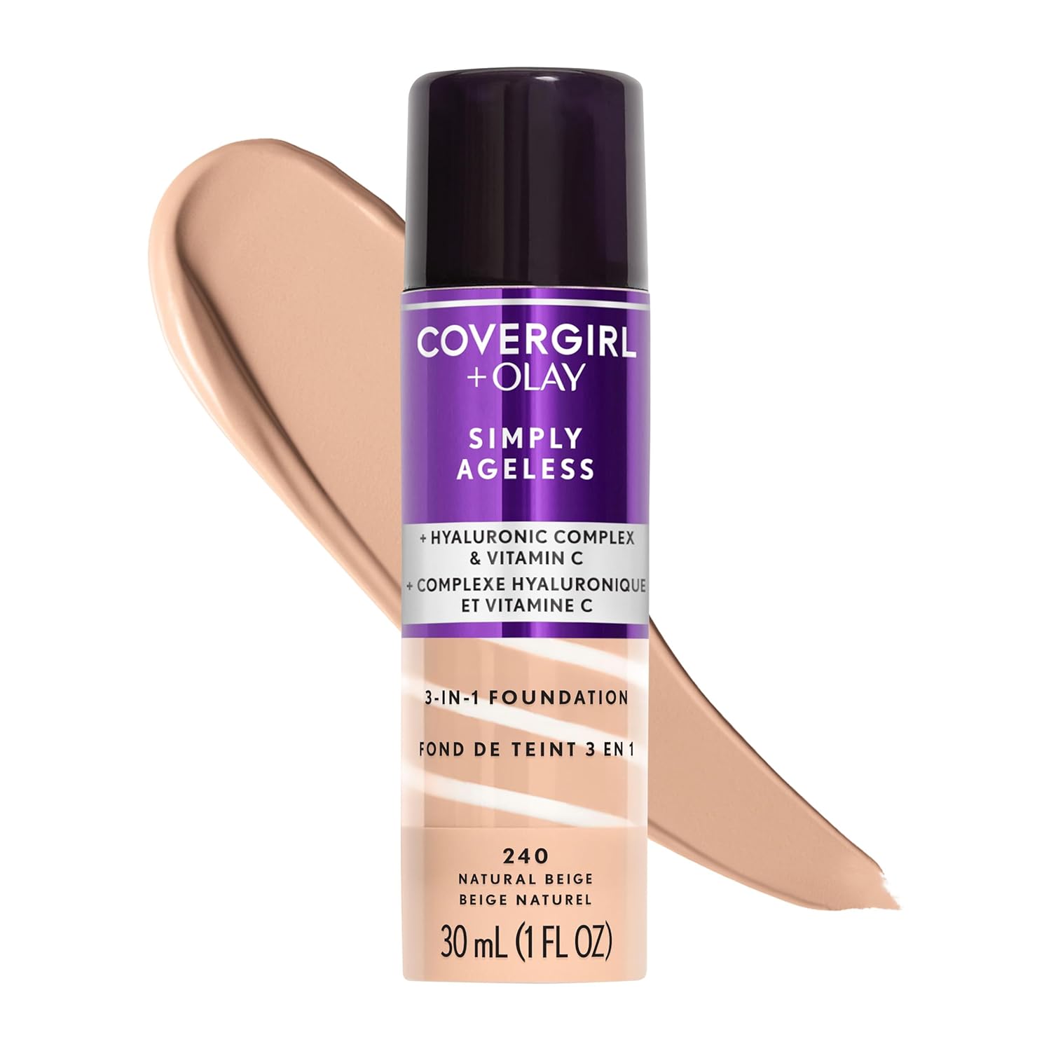 COVERGIRL & Olay 3-in-1 Foundation, Natural Beige, Matte Finish COVERGIRL & Olay Simply Ageless 3-in-1 Liquid Foundation, Matte Finish, Hyaluronic & Vitamin C Formula, 240 Natural Beige, 1 Count