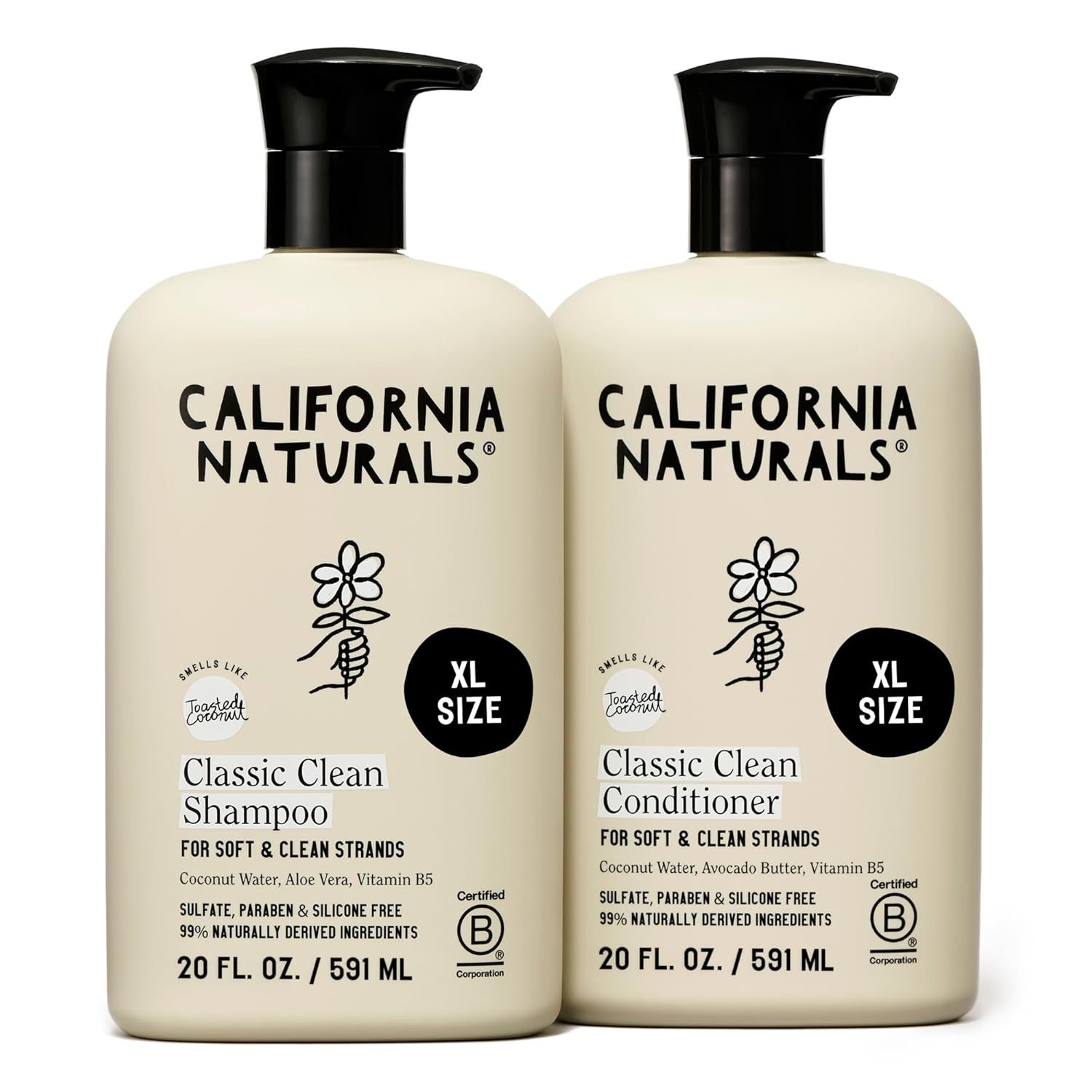 California Naturals Toasted Coconut Shampoo & Conditioner Set, Vegan & California Naturals Classic Clean Toasted Coconut Shampoo and Conditioner Set, Hair Care for Women & Men, Natural, Vegan, Cruelty, Silicone, Paraben, and Sulfate Free Shampoo, Color Safe, 20 Fl Oz