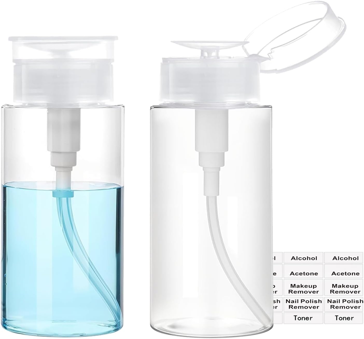 Clear Push Down Pump Dispenser Bottles for Liquids - 2 Push Down Pump Dispenser, 3.4oz Clear Pump Bottles with Alcohol, Acetone, Nail Polish Remover, Makeup Remover, Toner Stickers Empty Push Top Container for Liquid (100ml-2Pack)