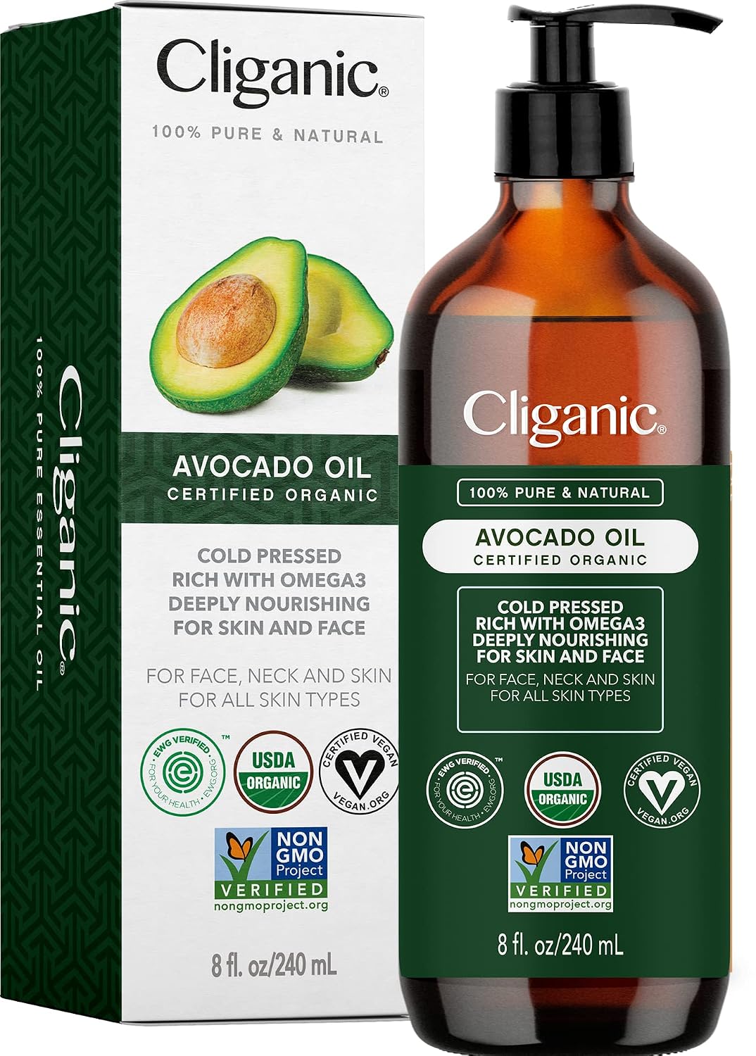 Cliganic 100% Pure Organic Avocado Oil for Skin and Hair Cliganic Organic Avocado Oil, 100% Pure (8oz) - for Skin & Hair, Nourishing Carrier Oil for Face & Body