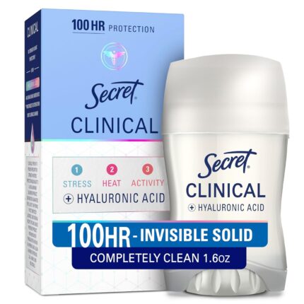 Secret Clinical Strength 100HR Sweat & Odor, Invisible Solid Antiperspirant Deodorant for Women, 3X Stress Protection with Hyaluronic Acid, PH Balancing, Completely Clean Scent, 1.6 oz