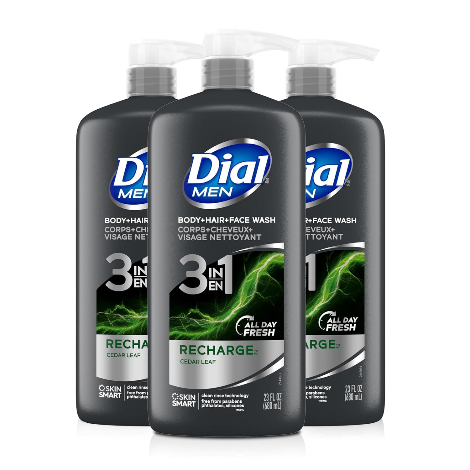 Dial Men's 3-in-1 Body, Hair, Face Wash - 69 fl Dial Men 3in1 Body, Hair and Face Wash, Recharge, 69 fl oz (3-23 fl oz Bottles)