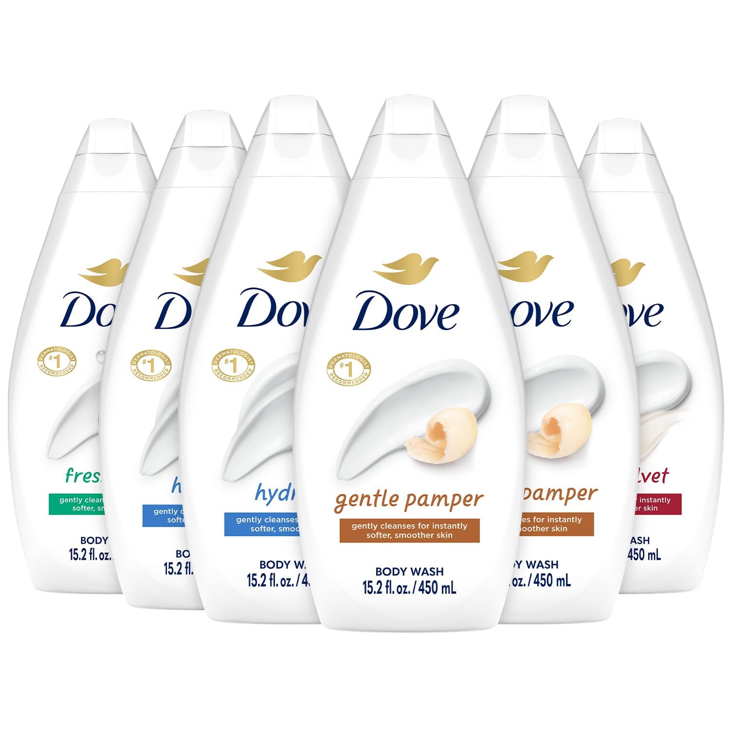 Dove 6-Pack Body Wash: Hydrate, Pamper, Care, Velvet Softness Dove Body Wash Variety 6-Pack – Hydrate, Gentle Pamper, Fresh Care, and Silky Velvet, 15.2 Oz Ea