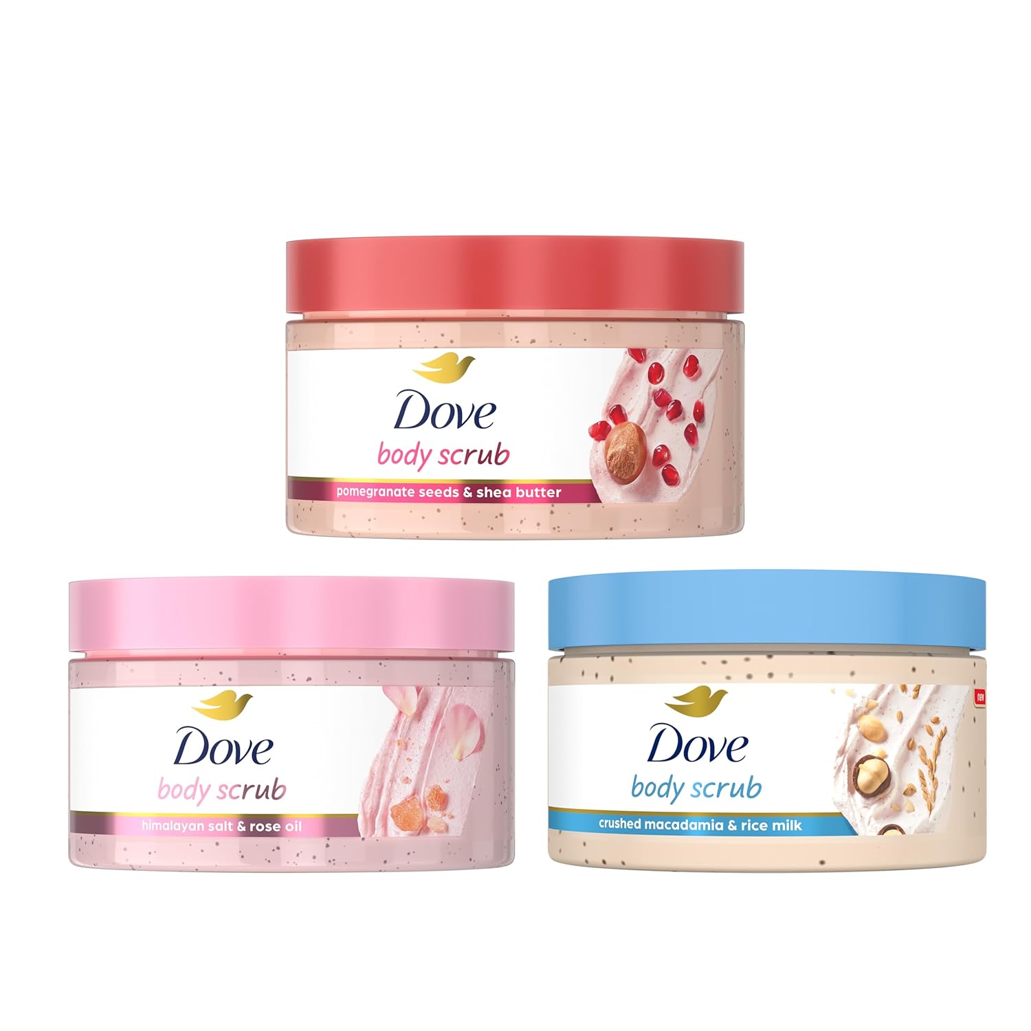 Dove Women's 3-Pack Body Scrub Trial for Silky Skin Dove Mixed Body Scub Trial Pack 3 Pack for Women for Visibly Silky-Smooth, Nourished Skin 3.5 oz