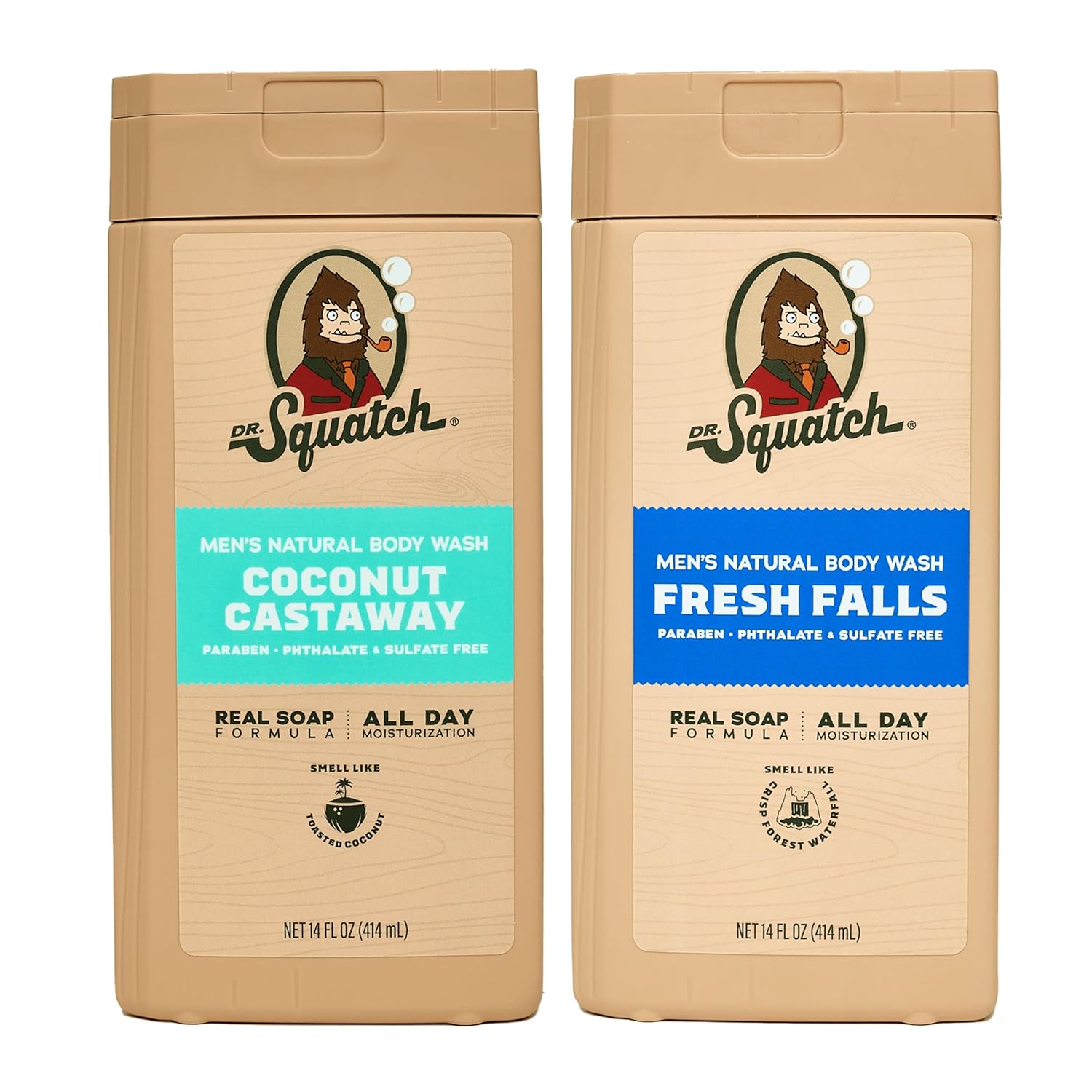 Dr. Squatch Men's Body Wash - Fresh Falls & Coconut Dr. Squatch Natural Men's Body Wash Shower Gel - Cleansing, Nourishing, Long Lasting Scent, Moisturizing Body Wash for Men - Fresh Falls + Coconut Castaway (14 oz, 2-Pack)
