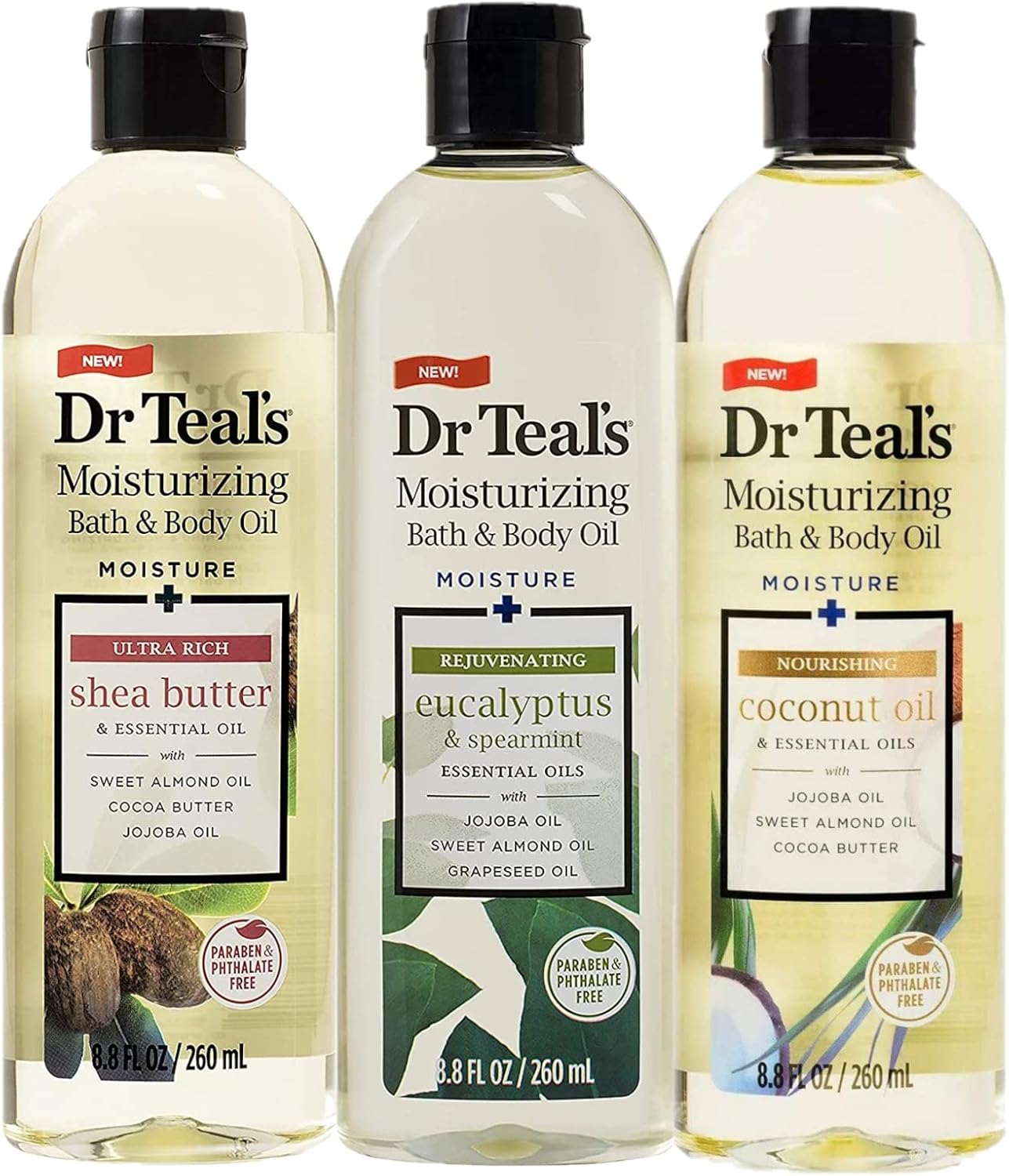 Dr. Teal's Bath Oil Gift Set: Eucalyptus, Shea, Coconut Dr. Teals Bath & Body Oil Variety Gift Set (3 Pack, 8.8oz Ea.) - Rejuvenating Eucalyptus, Ultra Rich Shea Butter, & Nourishing Coconut Oil - Essential Oils Hydrate Skin & Alleviate Stress