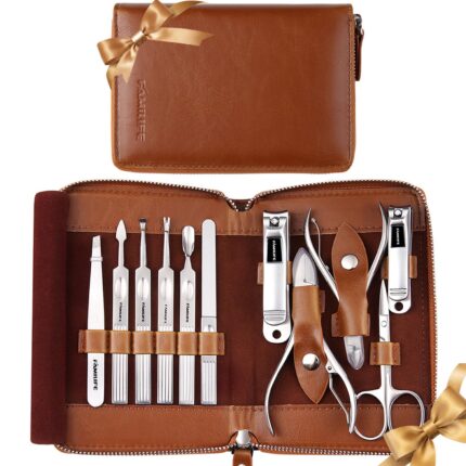 FAMILIFE Manicure Set, 11 in 1 Professional Manicure Kit Nail Clippers Set, Stainless Steel Pedicure Tools Toe Nail Kit, Men Grooming Tool with Portable Brown Leather Travel Case Gifts for Men Women