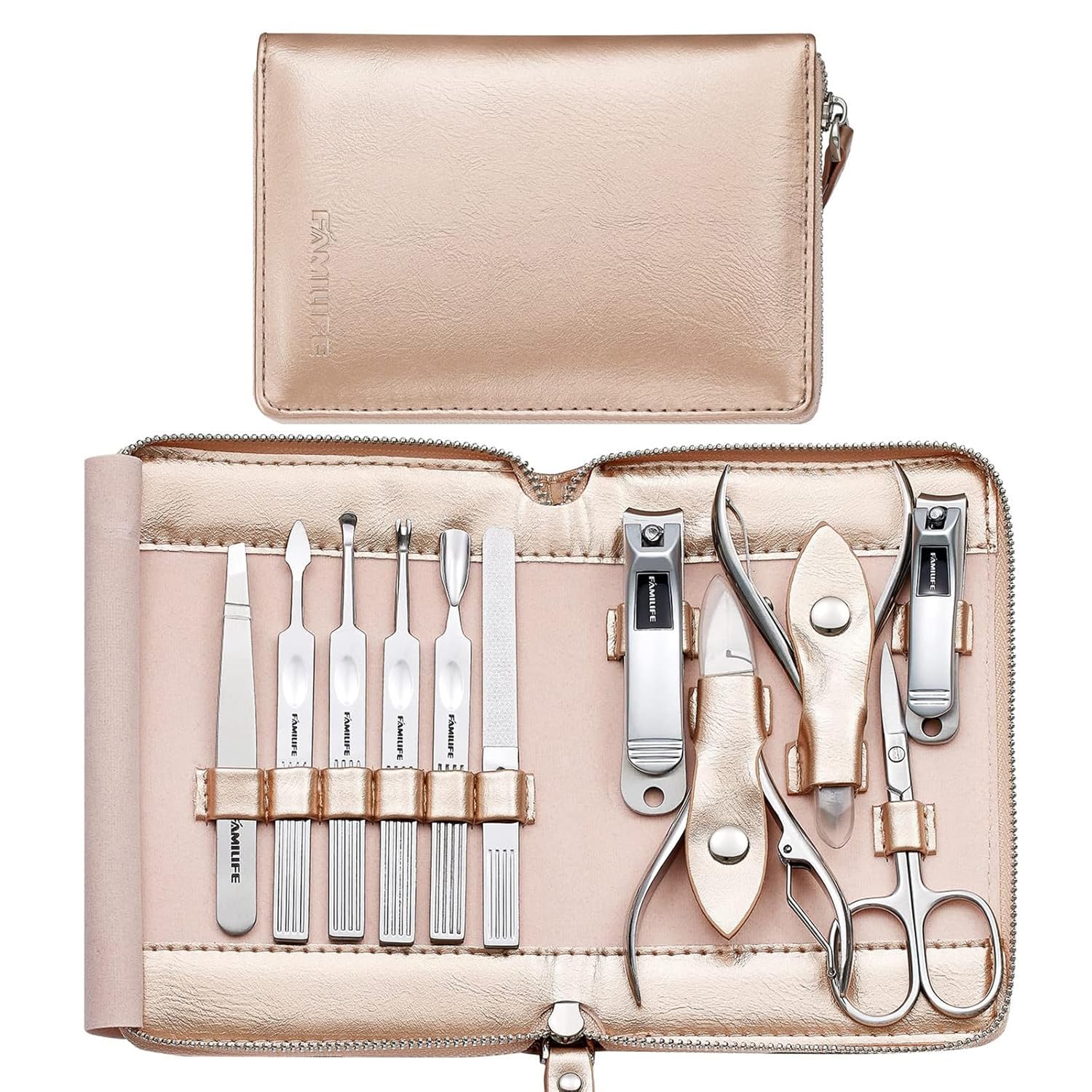 FAMILIFE 11-in-1 Professional Manicure Set with Rose Gold Case FAMILIFE Gifts for Women, Manicure Set Professional Manicure Kit 11 in 1 Nail Kit Nail Clippers Tools Stainless Steel with Rose Gold Leather Case Travel Sets