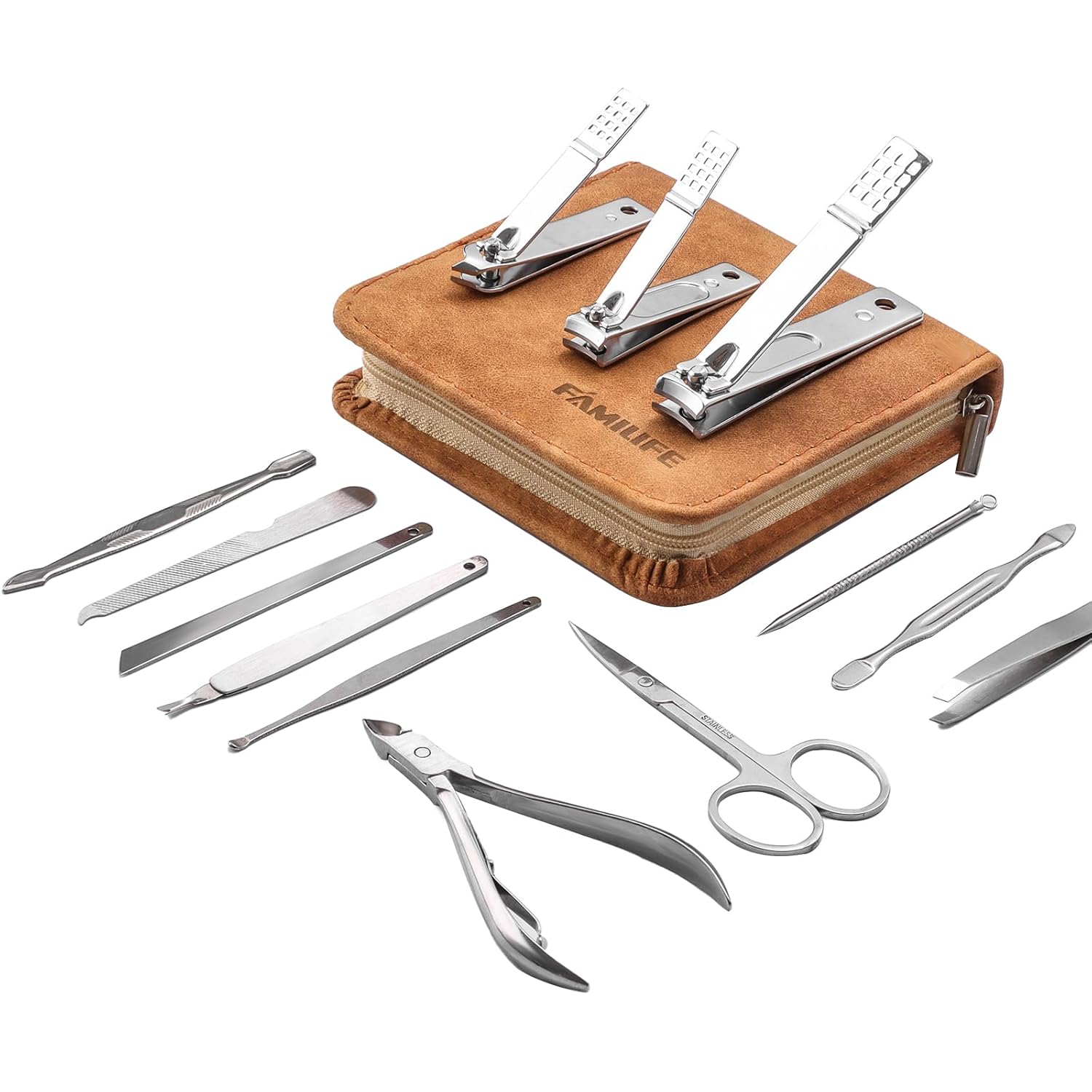 FAMILIFE 13-Piece Manicure Set with Brown Leather Case FAMILIFE Manicure Set, Nail Professional Kit Manicure Kits Nail Clipper Sets, 13PCS Stainless Steel Pedicure Sets Mens Grooming Tool, with Brown Leather Travel Case for Men