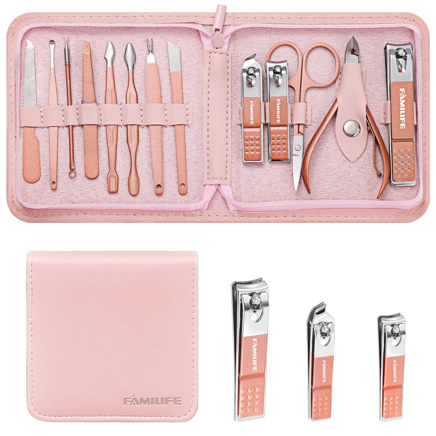 FAMILIFE 13-Piece Professional Nail Kit in Portable Pink Case FAMILIFE Manicure Set, Professional Nail Kit Stainless Steel Nail Clipper Set, 13PCS Beauty Tools Manicure Kit Pedicure Tools, with Portable Pink Leather Travel Case for Her