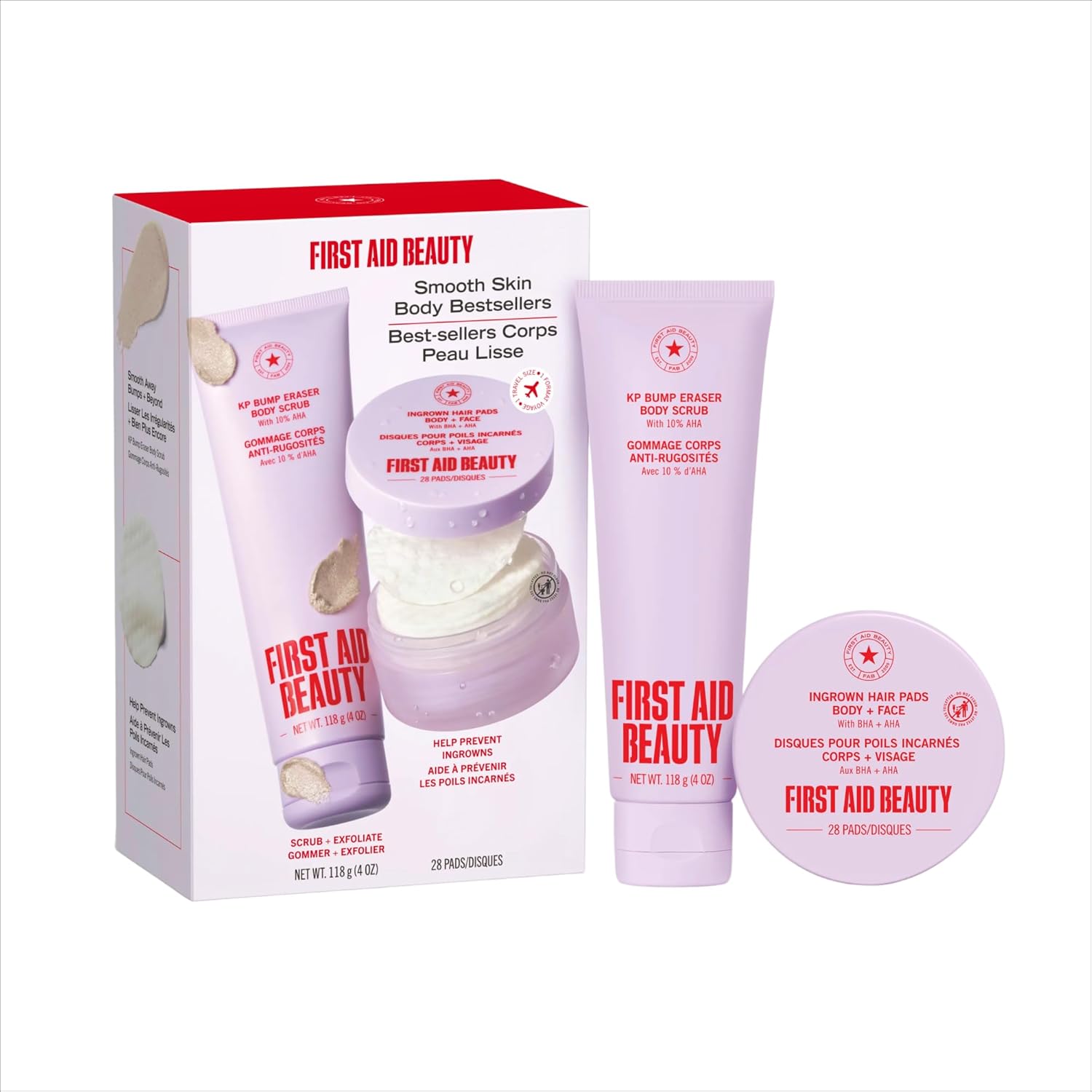 First Aid Beauty KP Bump Eraser & Ingrown Hair Pads First Aid Beauty Smooth Skin Body Bestsellers Set, KP Bump Eraser Scrub + Ingrown Hair Pads, Exfoliate Keratosis Pilaris & Help Prevent Razor Bumps, Fragrance Free, Sensitive Skin Safe, 2-Piece Kit