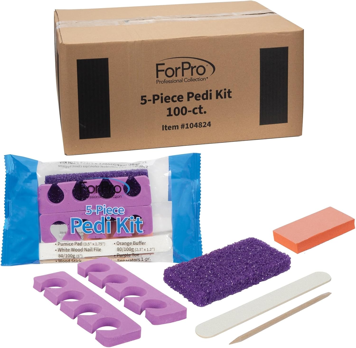 ForPro 5-Piece Individually-Packed Pedicure Set in Purple ForPro 5-Piece Pedi Kit, 100-Count, Individually-Packed Pedicure Set, Purple Pumice Pad, Wood Nail File 80/100 Grit, Mini Buffer 80/100 Grit, Wood Stick, Toe Separators