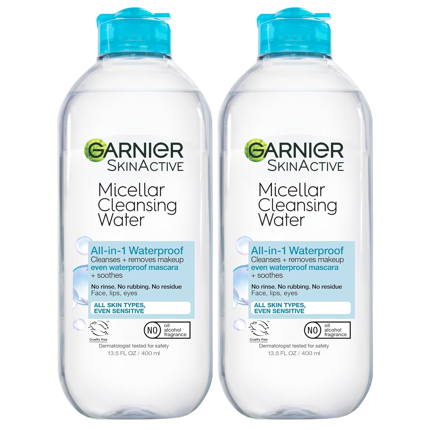 Garnier Micellar Water: Waterproof Makeup remover, Vegan, Sensitive Skin Garnier Micellar Water for Waterproof Makeup, Hydrating Facial Cleanser & Makeup Remover, Suitable for Sensitive Skin, Vegan, Cruelty Free, 13.5 Fl Oz (400mL), 2 Count