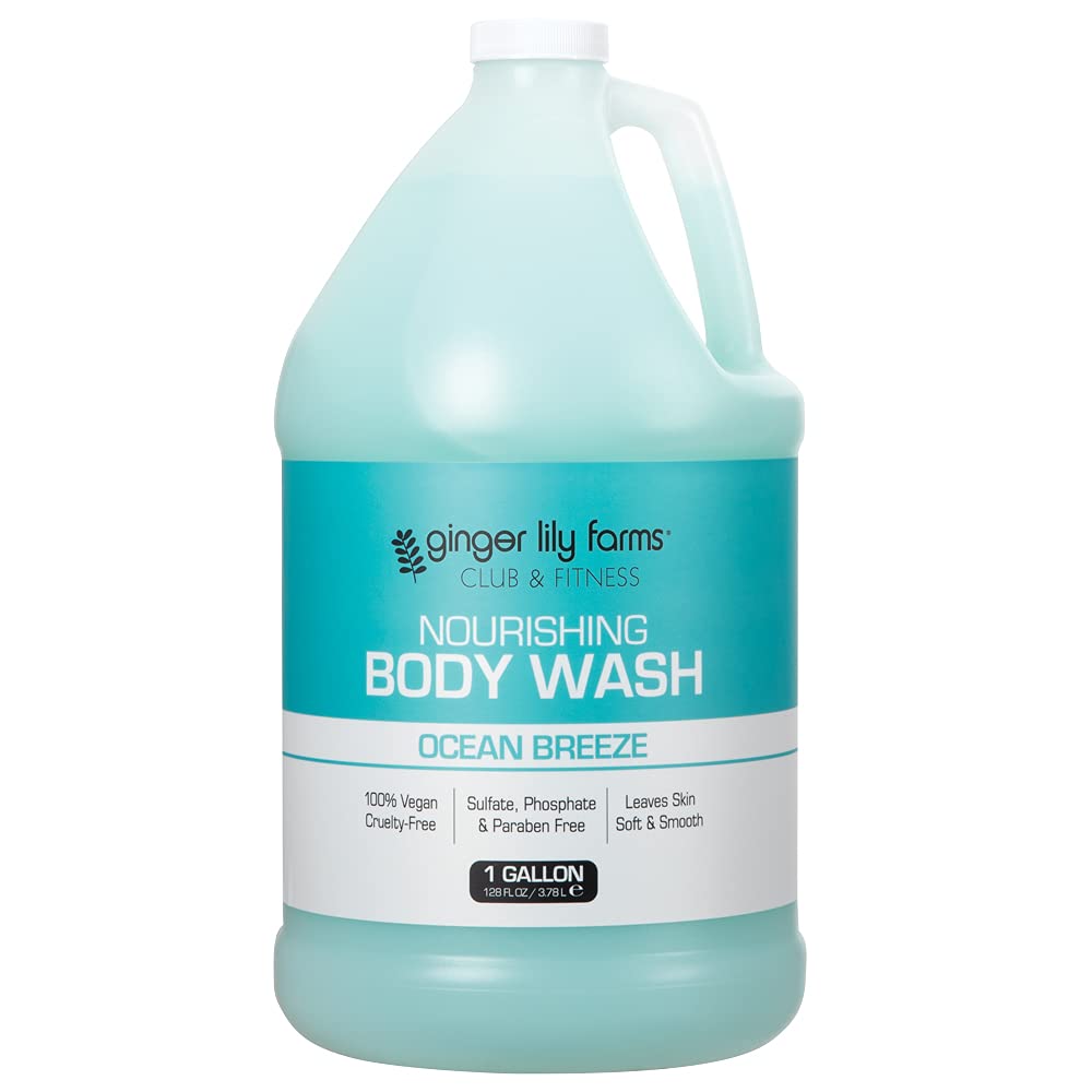Ginger Lily Farms Vegan Body Wash, Ocean Breeze Scent, 1 Ginger Lily Farms Club & Fitness Nourishing Body Wash, 100% Vegan & Cruelty-Free, Bath & Shower Gel for Men and Women, Ocean Breeze Scent, 1 Gallon (128 fl. oz.) Refill