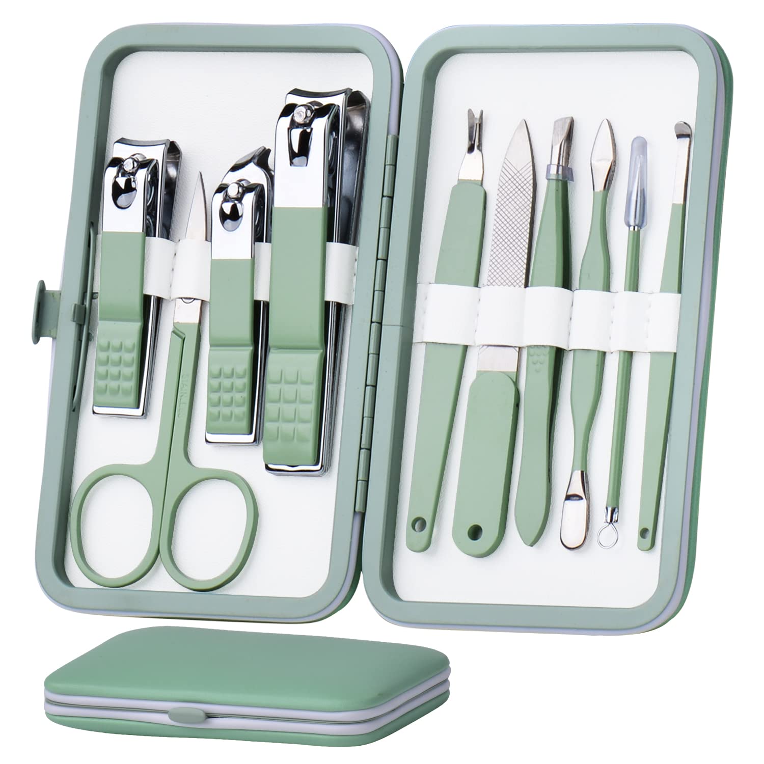 HANTEKAS 10-Piece Stainless Steel Manicure Set for Travel HANTEKAS Manicure Set 10 in 1 Stainless Steel, Nail Clippers Scissors Pedicure Tools Kit - Portable Travel Grooming Kit for Men and Women with Leather Case (Jade Green)