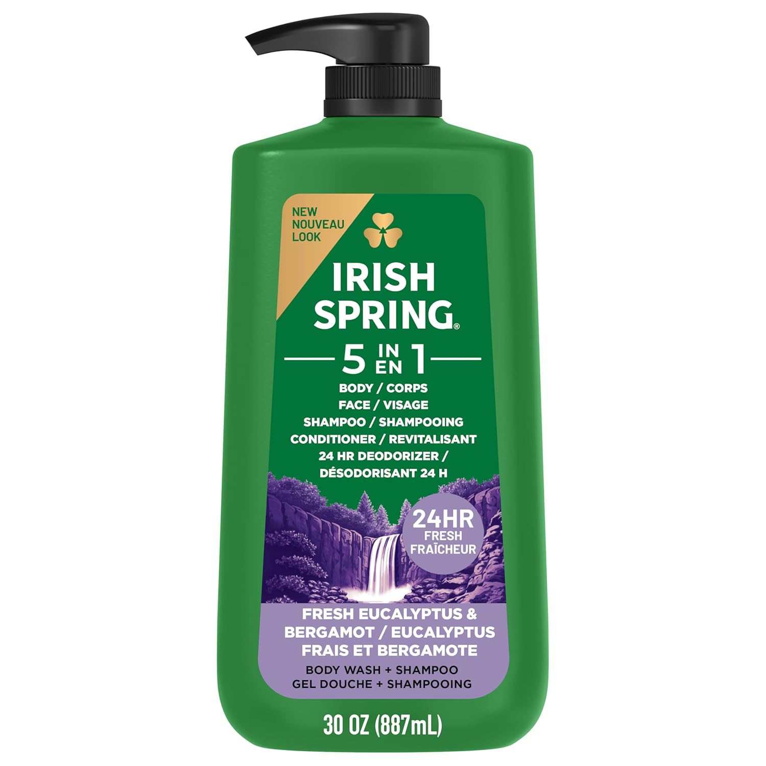 Irish Spring 5-in-1 Body Wash: Moisturizer, Shampoo, Deodorant, 30 fl Irish Spring 5 in 1 Moisturizing Body Wash for Men, Shampoo, Conditioner, Body and Face Wash, and 24 Hour Deodorizer, Paraben-Free, Fresh Eucalyptus & Bergamot Scent, 30 fl oz - Packaging may vary