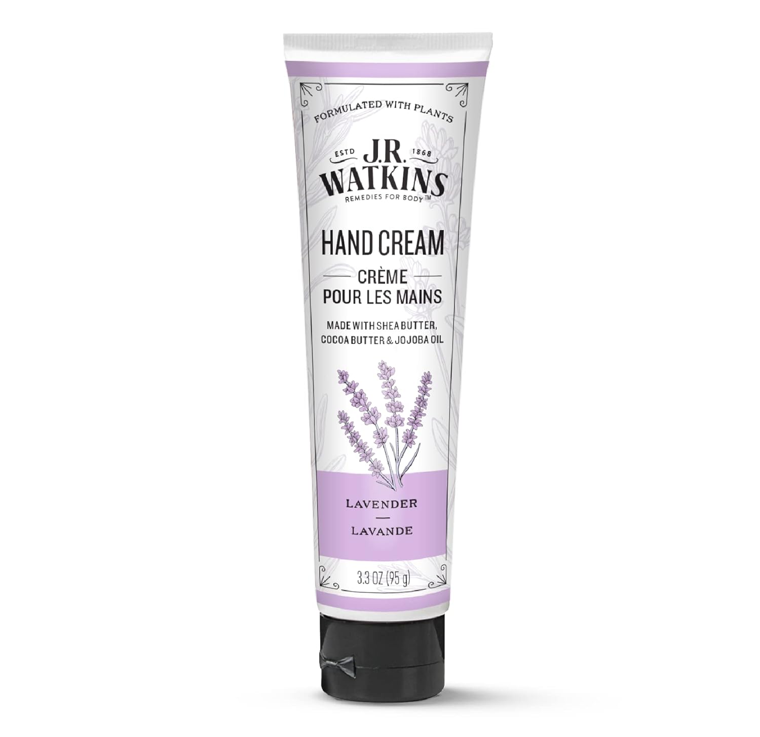 J.R. Watkins Lavender Hand Cream with Shea and Cocoa Butter J.R. Watkins Natural Moisturizing Hand Cream, Hydrating Hand Moisturizer with Shea Butter, Cocoa Butter, and Avocado Oil, USA Made and Cruelty Free, 3.3oz, Lavender, Single