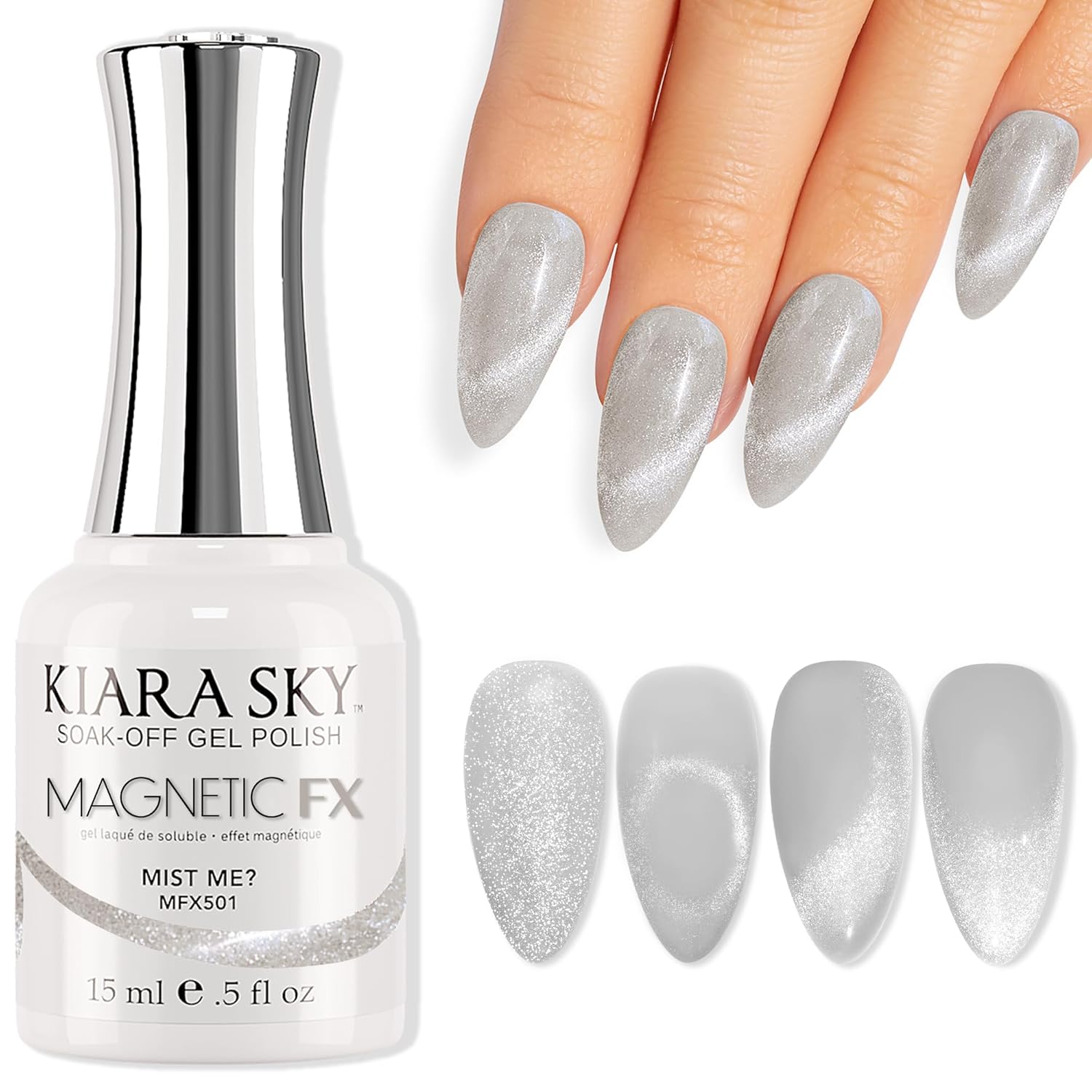 Kiara Sky Cat Eye Gel Polish - Silver White Magnetic KIARA SKY Cat Eye Gel Nail Polish 15ml | Silver White Magnetic FX Cat Eye Gel Polish Soak Off | UV LED Nail Lamp Gel | Metallic Velvet Cat Eye Gel Polish Nail Art Salon DIY Home Gel Nails - Mist Me
