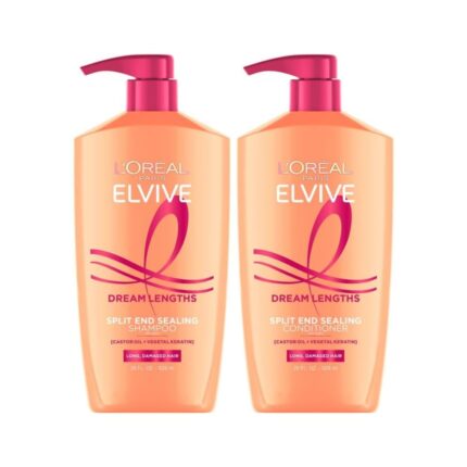 L'Oreal Paris Elvive Dream Lengths Shampoo and Conditioner Set, Seals Split Ends, Hydrating & Strengthening Hair Repair, Fine Castor Oil and Vitamins B3 and B5, 56 Fl Oz Set