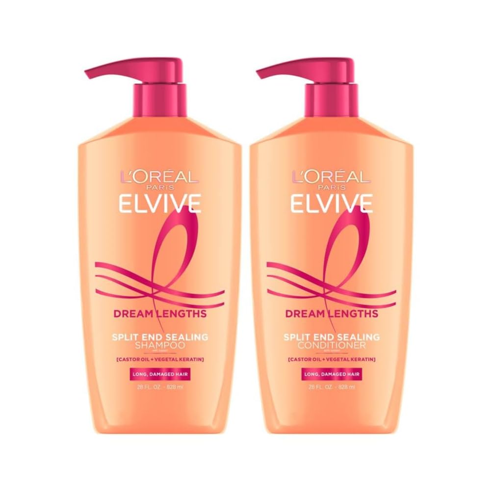 L'Oreal Elvive Dream Lengths Shampoo and Conditioner Set for Damaged L'Oreal Paris Elvive Dream Lengths Shampoo and Conditioner Set, Seals Split Ends, Hydrating & Strengthening Hair Repair, Fine Castor Oil and Vitamins B3 and B5, 56 Fl Oz Set
