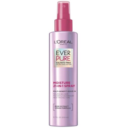 L'Oreal Paris EverPure Moisture 21-in-1 Leave In Conditioner, Multi-Benefit Heat Protectant Spray for Hair Up to 450°F, Detangling Frizz Control for Color Treated, Dry, or Damaged Hair, 6.7 Fl Oz