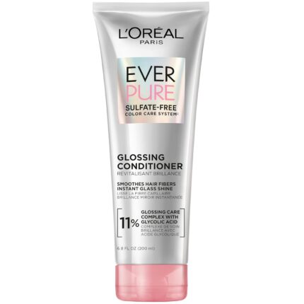 L’Oreal Paris Sulfate Free Glossing Conditioner with Glycolic Acid, Provides Intense Glass Hair Shine, Smoothness & Soft Feel, Suitable for Dull, Dry, and Color-Treated Hair, EverPure, 6.8 Fl Oz