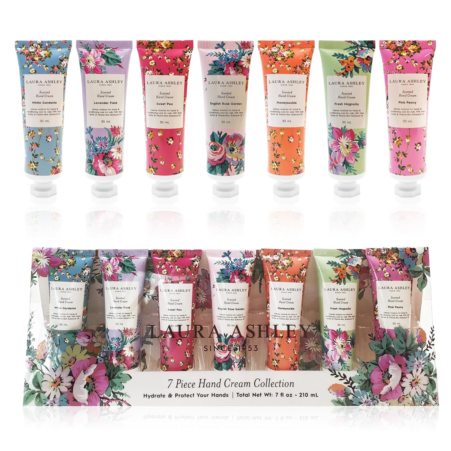 Laura Ashley 7-Piece Travel Hand Cream Set for Dry Skin Laura Ashley Hand Cream Set - 7 Piece Hand Lotion Collection for Women, Travel Size Moisturizing Lotion for Dry Skin with Rose, Lavender, Magnolia & Floral Scents - 30ml Each