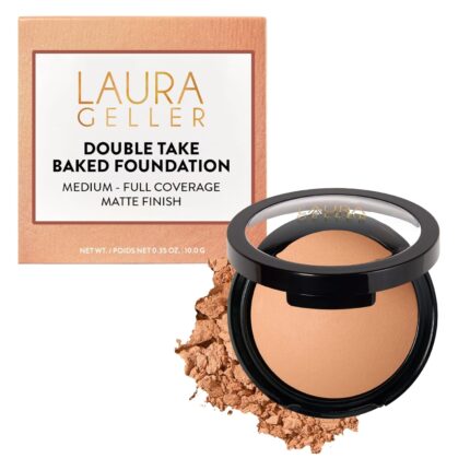 LAURA GELLER NEW YORK Baked Double Take Powder Foundation – Longwear Buildable Medium to Full Coverage – Matte Finish – Non-Caking Formula– Handmade in Italy – Mature & Sensitive Skin – Medium