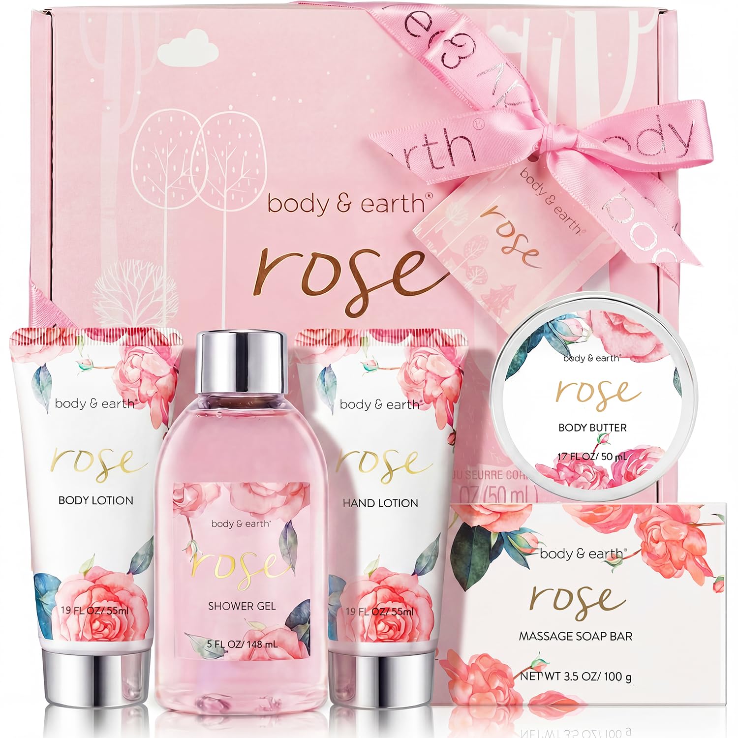 Luxurious Rose-Scented Spa Gift Set for Women - 5 Pieces BODY & EARTH Spa Gift Set for Women - Luxurious 5 Pcs Bath and Body Box, Rose Scent, Includes Body Wash, Body Butter, Body Lotion and More, Birthday Mothers Day Gifts for Mom Self Care Kit for Her