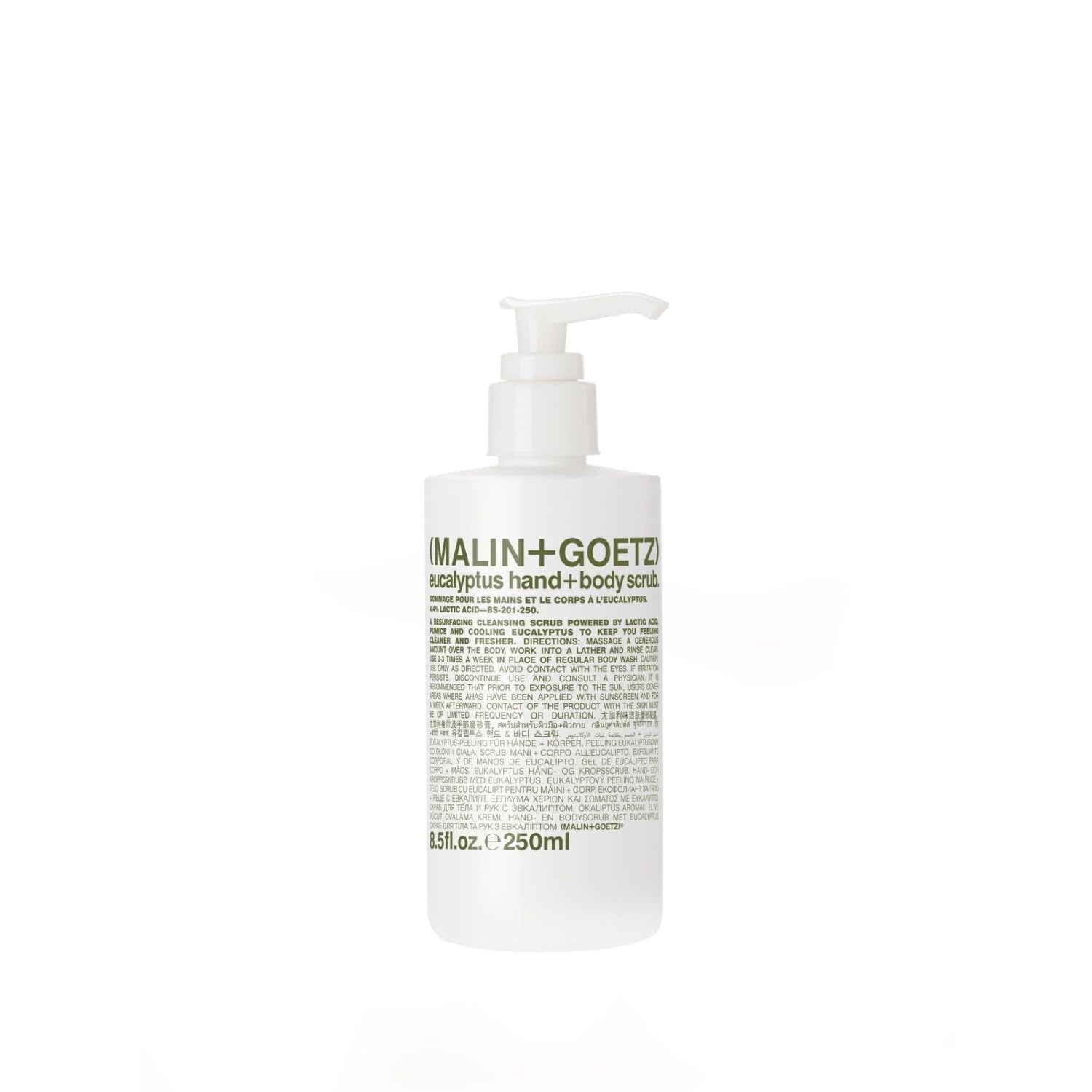 MALIN+GOETZ Eucalyptus Scrub: Deep Cleanse, Smooth, Brighten. MALIN+GOETZ Eucalyptus Hand+Body Scrub | Resurfacing Cleanser Lactic Acid, Mandelic Acid, Pumice + Niacinamide | Deeply Cleanses, Smooths + Brightens | Vegan, Cruelty-Free, Paraben-Free (8.5 Fl Oz)