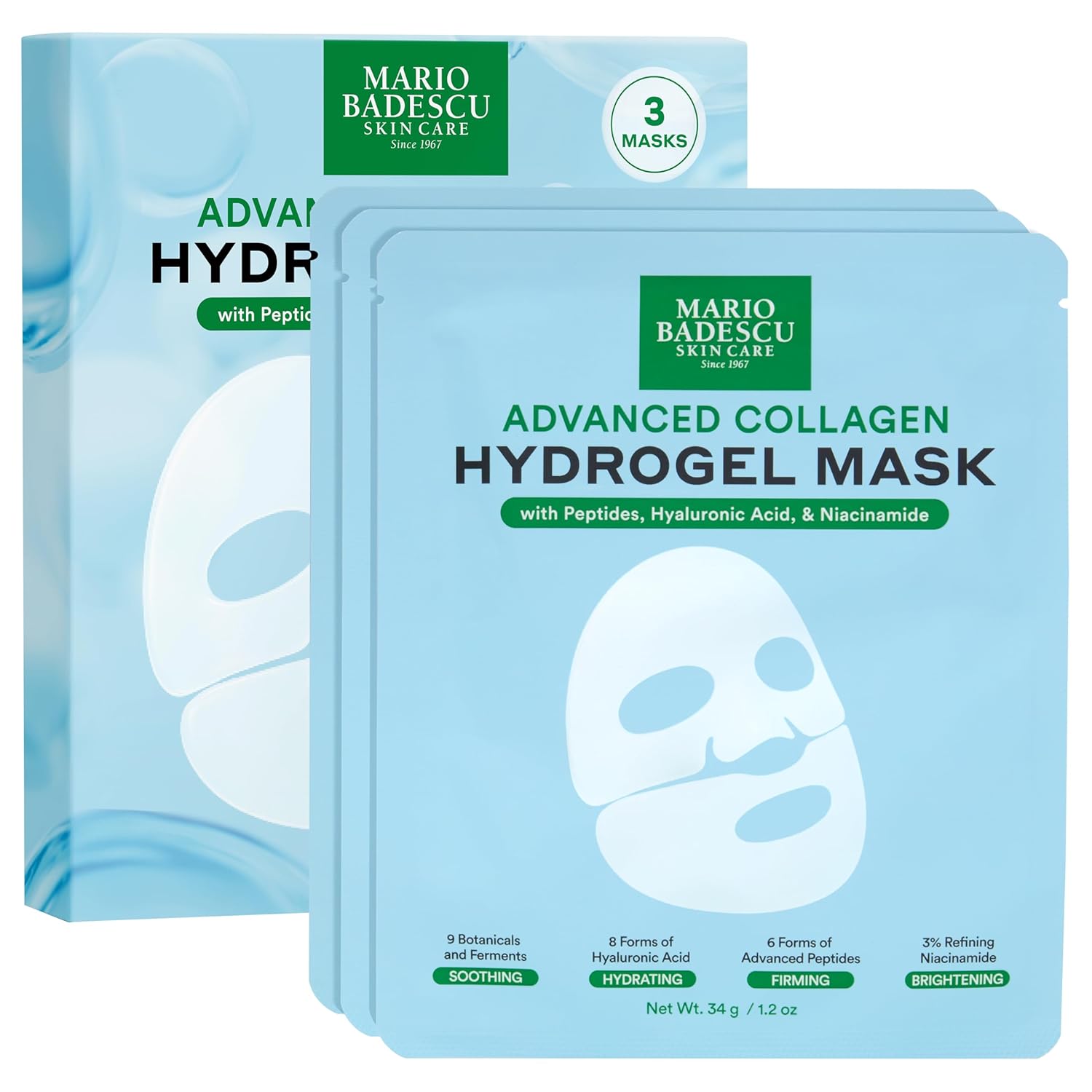 Mario Badescu Hydrogel Mask Set: Hydrate, Firm, Brighten, Soothe. Mario Badescu Advanced Collagen Hydrogel Mask Set of 3 | Face Mask with Peptides, Hyaluronic Acid & Niacinamide for Hydrating, Firming, Brightening & Soothing Skin