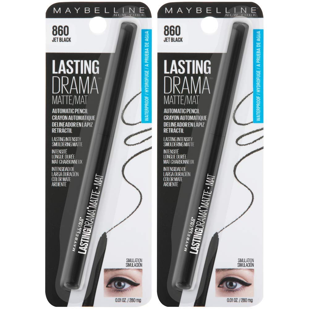 Maybelline Jet Black Waterproof Matte Gel Eyeliner, 2 Count Maybelline Eyestudio Lasting Drama Waterproof Matte Gel Pencil Black Eyeliner Makeup, Jet Black, 2 Count