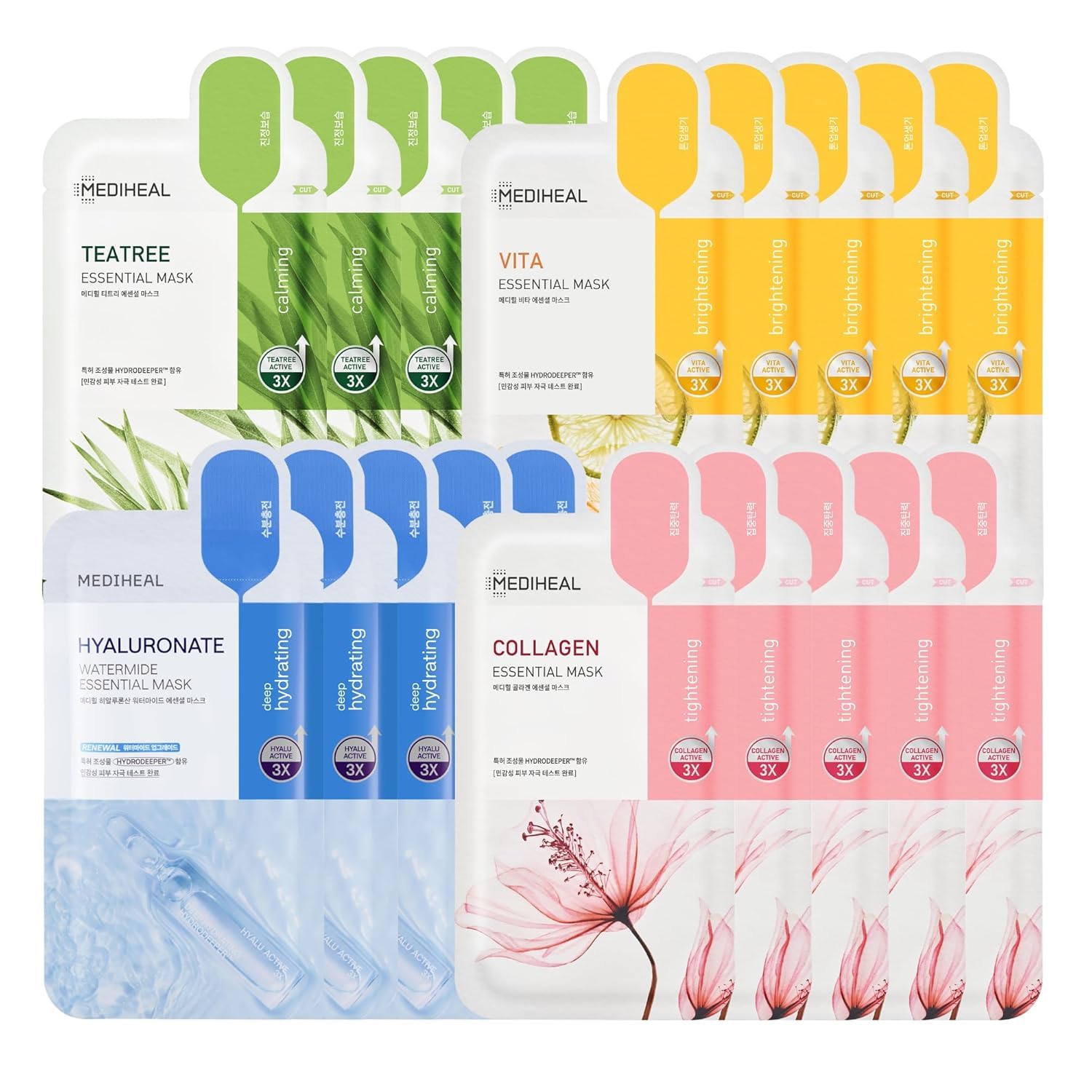 Mediheal 20-Pack Sheet Masks: Collagen, Tea Tree, Hydration Combo Mediheal Sheet Mask Essential HERO 20 Pack (Collagen, Tea Tree, Vita, Hyaluronate)| Korean Skincare Facial Sheet Mask Combo Moisturizing, Soothing and for Blemishes