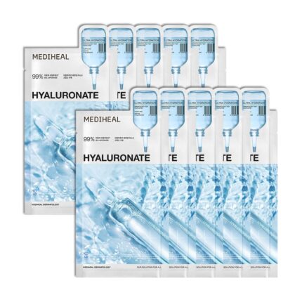 Mediheal Essential Face Mask [Hyaluronic Acid] Ultra Hydration 10 pcs. with 98% Purity Hyaluronic Acid for long-lasting, deep hydration, Moisture Barrier - Travel Size, Vegan Formula Korean Sheet Mask
