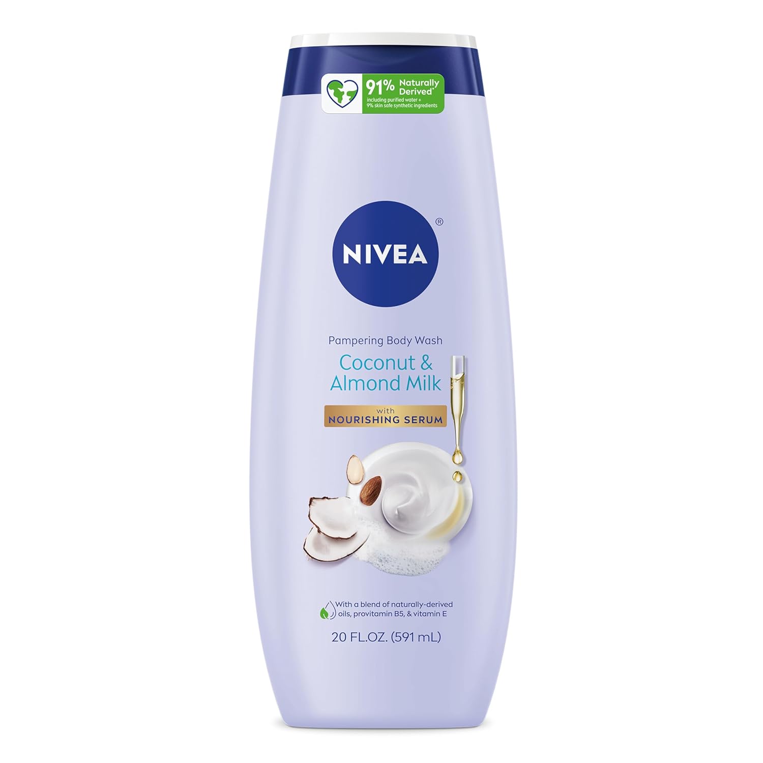 NIVEA Coconut Almond Body Wash with Nourishing Serum, 20 Fl NIVEA Pampering Coconut and Almond Milk Body Wash with Nourishing Serum, Moisturizing Body Wash for Women, Enriched with Provitamin B5 and Vitamin E, 20 Fl Oz Bottle