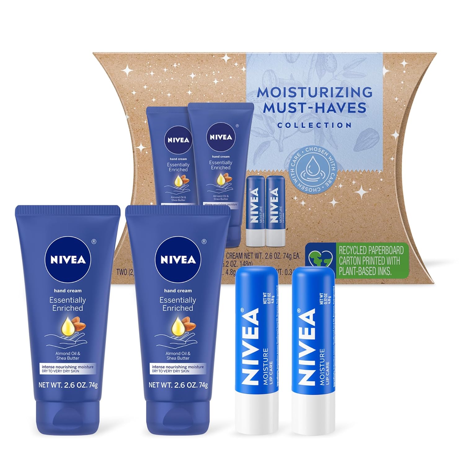 NIVEA Essential Skin Care Set: Hand Cream and Lip Balm NIVEA Moisturizing Must-Haves Skin Care Set, Essentially Enriched Hand Cream with Almond Oil and Shea Butter, 2.6 Oz Tube (Pack of 2) + Moisture Lip Care Lip Balm, 0.17 Oz Stick (Pack of 2)