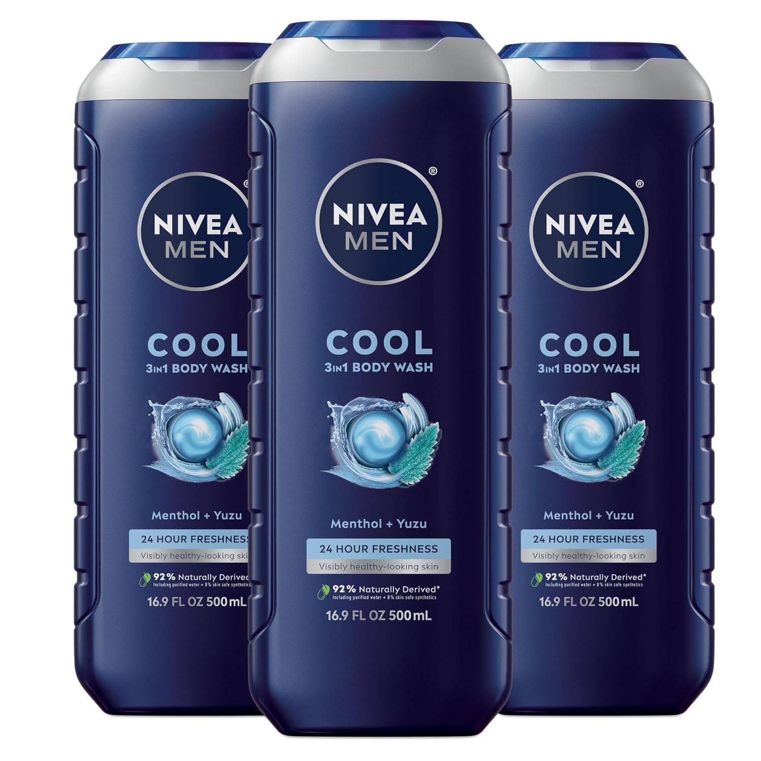NIVEA MEN 3-in-1 Refreshing Body Wash, Menthol & Yuzu, 3-Pack NIVEA MEN Cool Body Wash, Icy Menthol and Yuzu Scent, 3-in-1 Men's Body Wash, Face and Hair, Paraben Free, pH-Skin Friendly, 16.9 Fl Oz Bottle, Pack of 3
