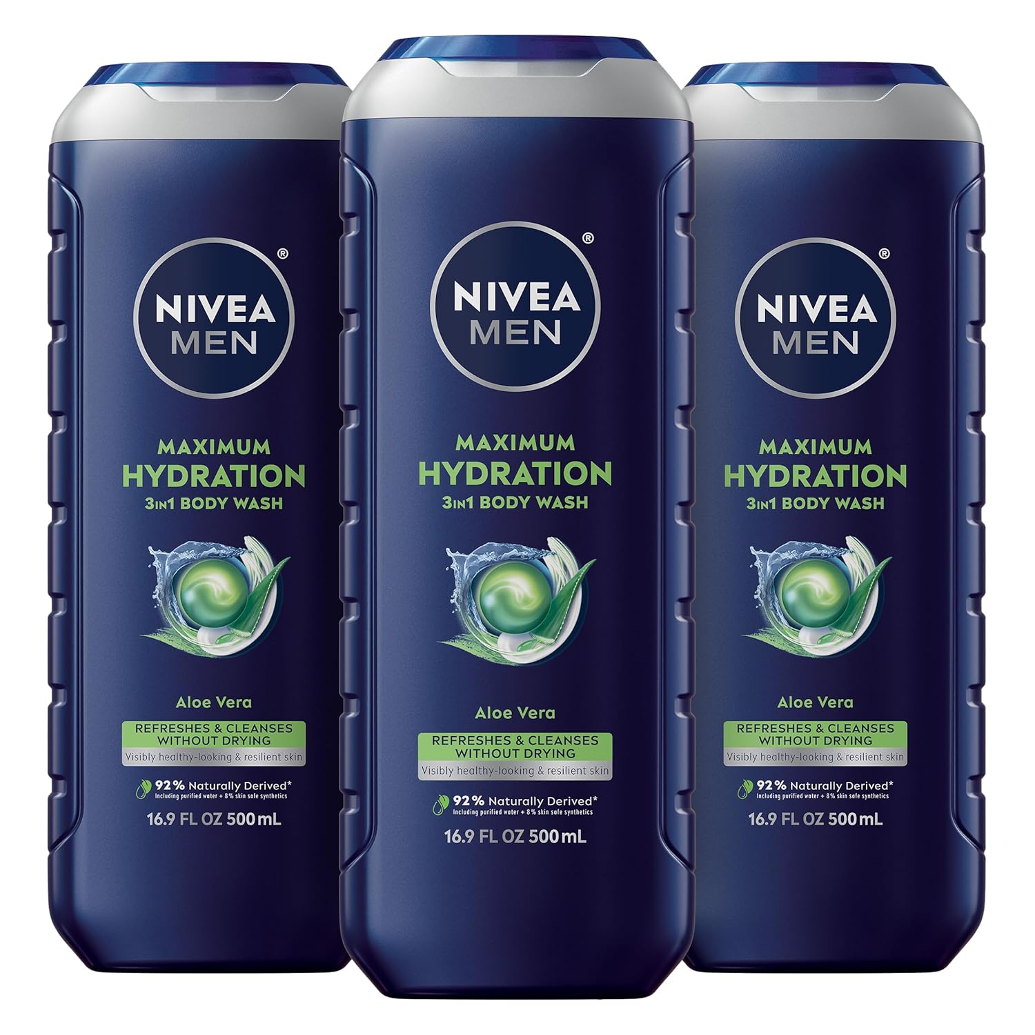 NIVEA MEN Moisturizing 3-in-1 Body Wash for Dry Skin. NIVEA MEN Maximum Hydration Body Wash for Dry Skin, Aloe Vera Enriched, 3-in-1 Moisturizing Body Wash, Face and Hair, Paraben Free, Vegan Formula, 16.9 Fl Oz Bottle, Pack of 3