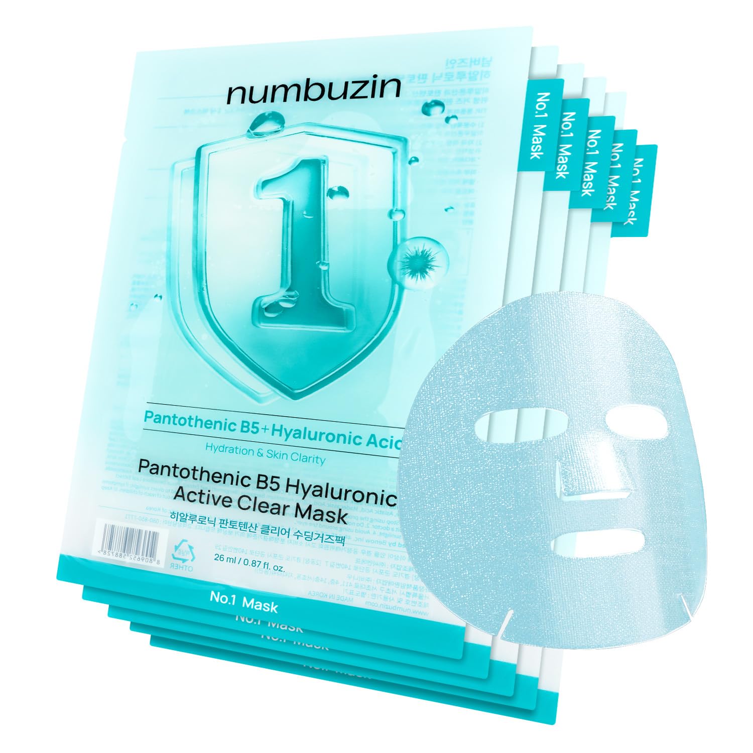 Numbuzin No.1 Sheet Mask: Hydrating & Soothing for Acne-Prone Skin numbuzin No.1 Sheet Mask | Pantothenic B5 Hyaluronic Active Clear Mask | Calming, Soothing, Hydrating | Acne Prone Skin | Controls Excess Oil, Reduces Redness | 5 Sheets