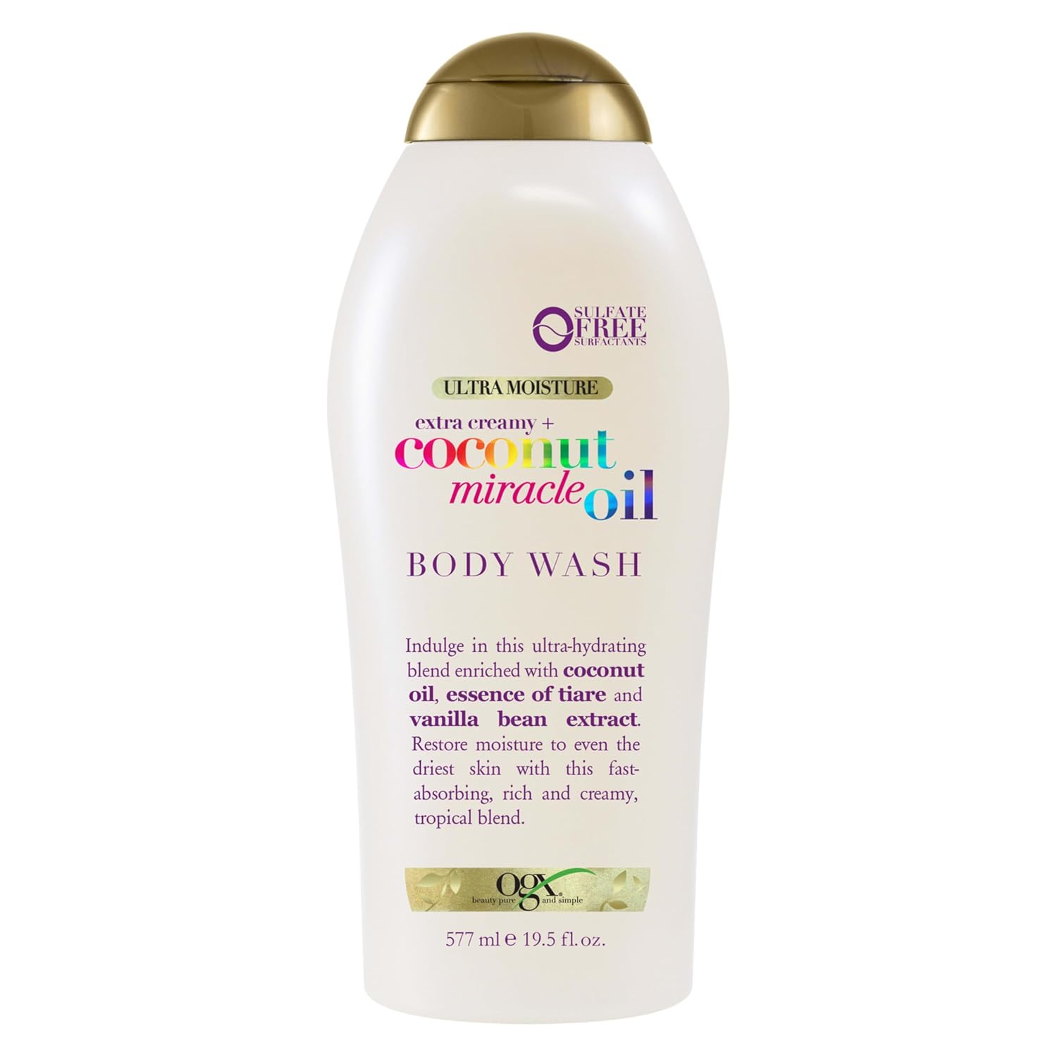 OGX Coconut Miracle Oil Body Wash for Ultra Moisture OGX Extra Creamy + Coconut Miracle Oil Ultra Moisture Body Wash, Rich Shower Gel for Dry Skin Infused with Coconut Oil, Body Wash for Women, Sulfate-Free Surfactants, 19.5 fl. oz
