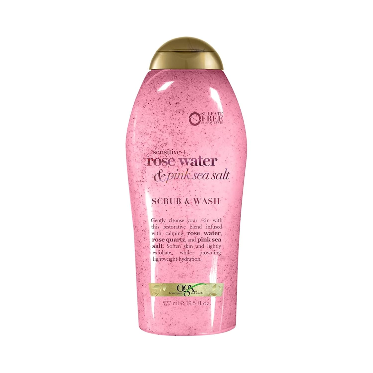 OGX Rose Water & Pink Sea Salt Gentle Body Scrub OGX Sensitive + Rose Water & Pink Sea Salt Exfoliating Body Scrub + Rose Quartz, Gentle Exfoliating Daily Body Wash Softens Skin, Body Scrub for Women, Sulfate-Free Surfactants, 19.5 fl oz