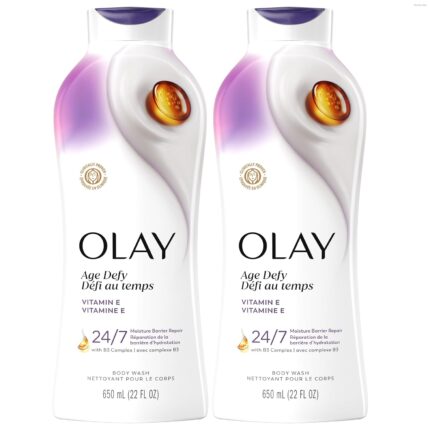 Olay Body Wash for Women, Age Defy with Vitamin E, 24/7 Moisture Barrier Repair, Hydrating & Cleansing for Visibly Soft Skin, Vitamin B3 & Hyaluronic Blend, All Skin Types, 22 fl oz (Pack of 2)