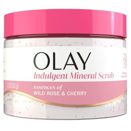 Olay Body Indulgent Mineral Scrub, Skin Exfoliating & Massaging Pearls, Nourishing Soft & Gentle Formula, Renewing BHA, Vitamin B3 Complex, Luxurious Fragrances, Wild Rose & Cherry Creme Scent, 11 oz