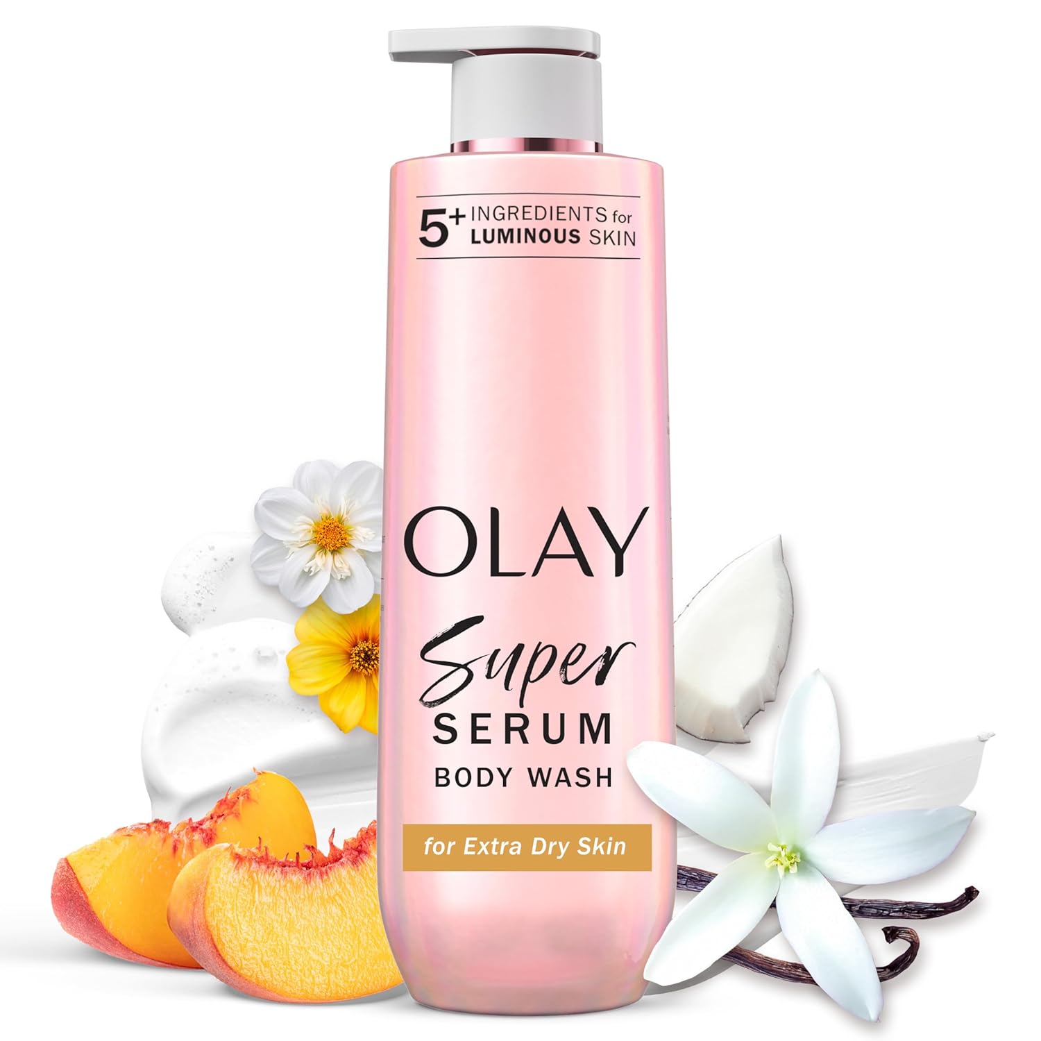 Olay Super Serum Body Wash: 24hr Hydration for Radiant Skin Olay Super Serum Body Wash for Extra Dry Skin, 24hr Long Lasting Rich Hydration, 5+ Ingredient Complex for Bright, Even, Firm, & Luminous Skin, with Collagen Peptide, Vitamin C & Shea Butter, 20 fl oz